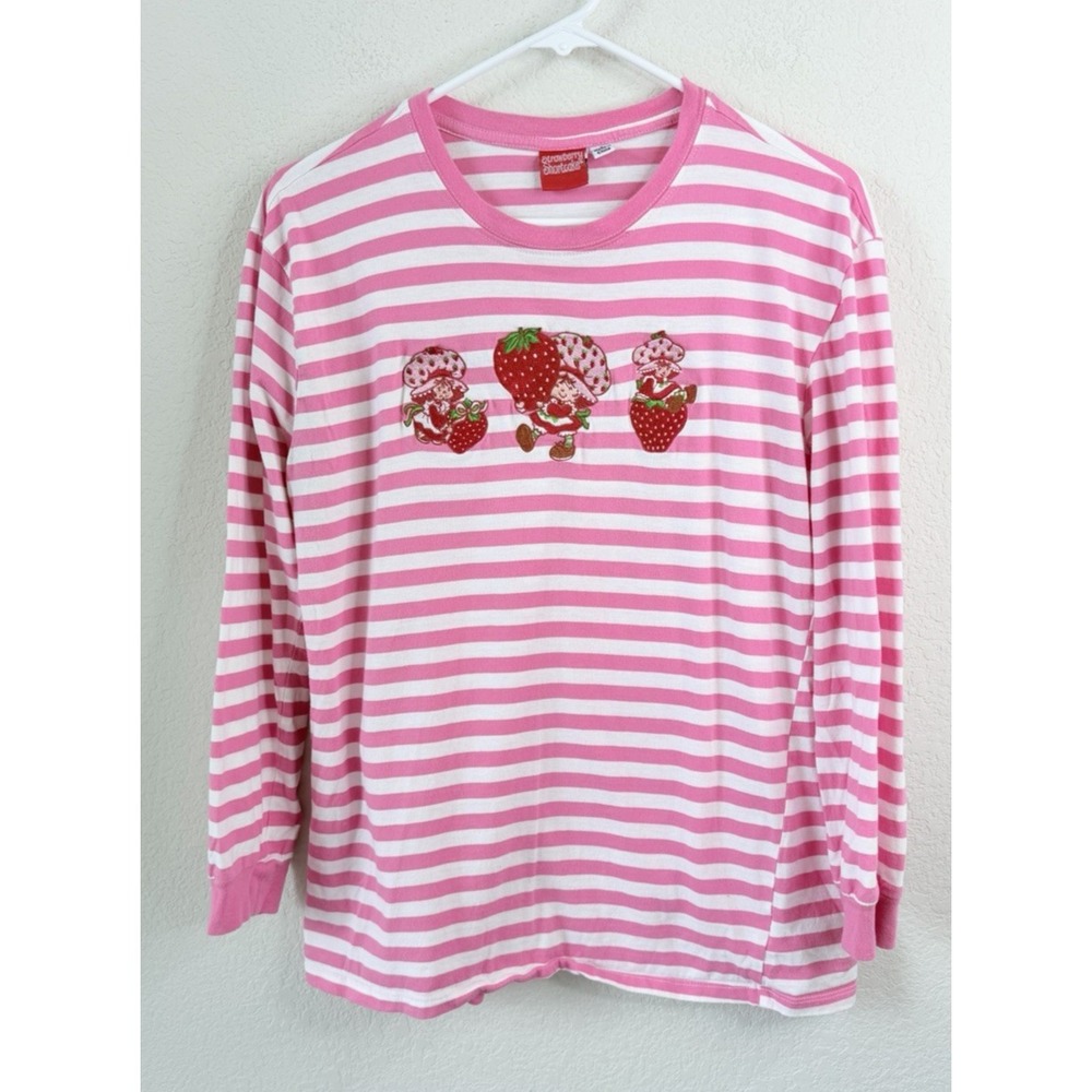 Strawberry Shortcake Striped Graphic Tee Long Sleeve Women's S Pink Y2K Kawaii